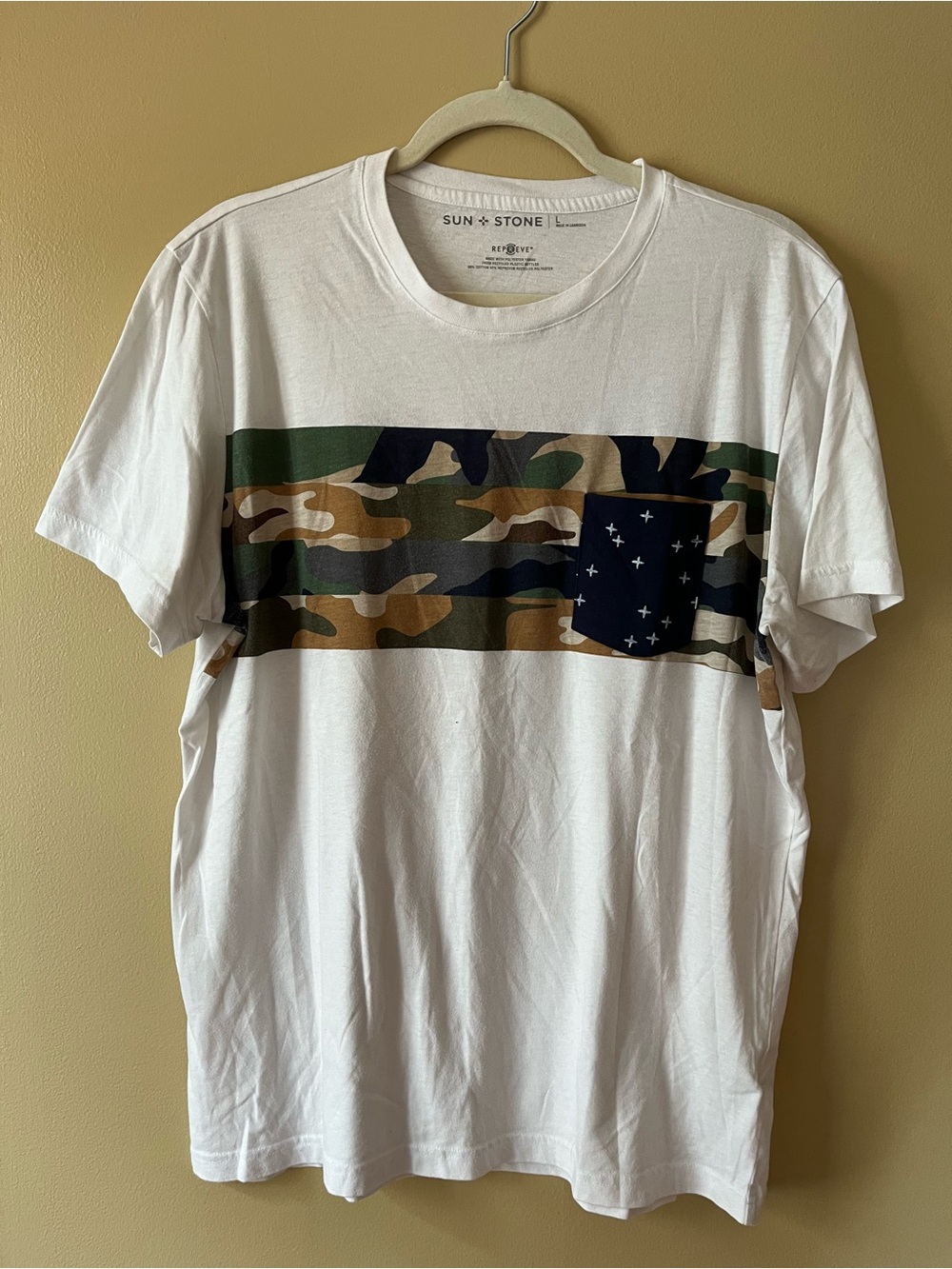 Sun + Stone White Short Sleeve Tee with Camo Chest Stripe and Navy Pocket
